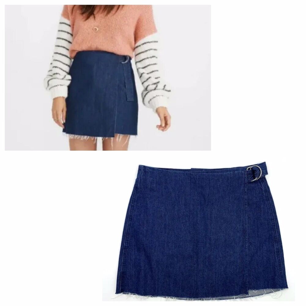 Madewell Denim Mini Wrap Skirt Women 6 Dark Wash Raw Hem A-Line Coastal Chic